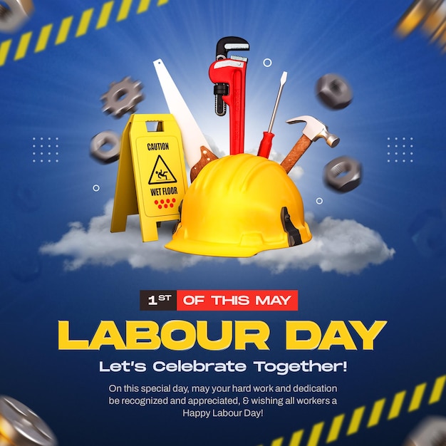 Free PSD international labour day with helmet security and tools social media post template