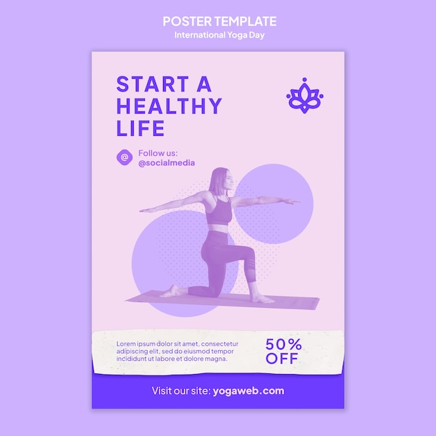 Free PSD international yoga day vertical poster template with person practicing yoga