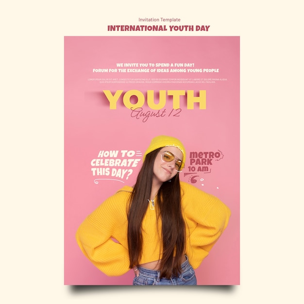 Free PSD international youth day invitation template with teenage girl