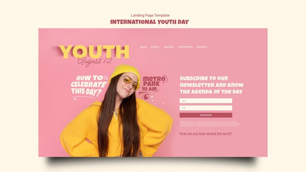 International youth day landing page template with teenage girl