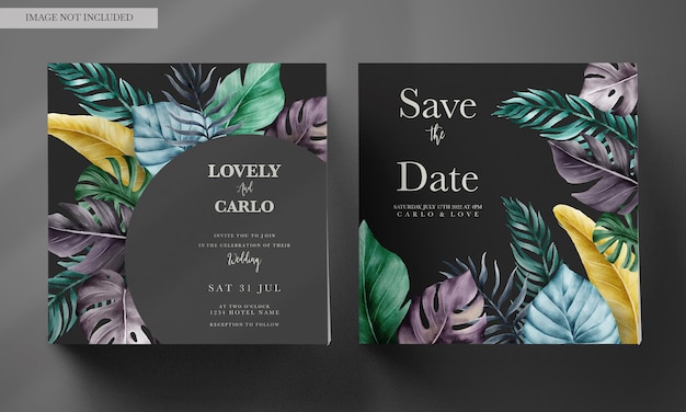 Free PSD invitation card set with colorful tropical leaves