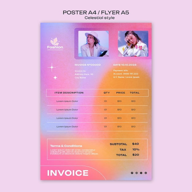 Free PSD invoice template for fashion store in celestial style