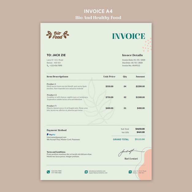 Invoice template with healthy food