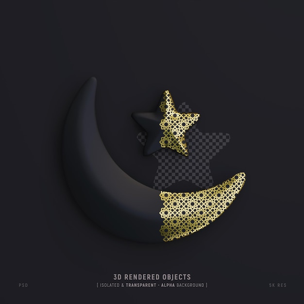 Free PSD islamic cute crescent moon and star isolated 3d rendering dark scene