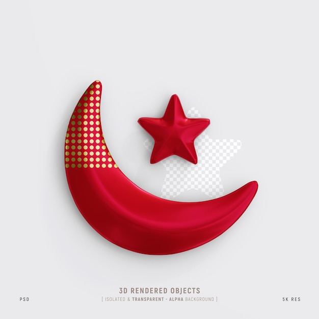 Free PSD islamic cute crescent moon and star isolated 3d rendering