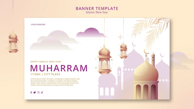 Islamic new year horizontal banner template with palace and lanterns