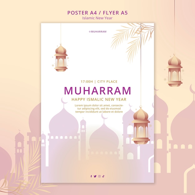 Free PSD islamic new year vertical flyer template with palace and lanterns