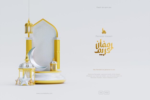 Islamic Ramadan greeting background with 3D Gold Podium Mosque and Islamic Crescent ornaments