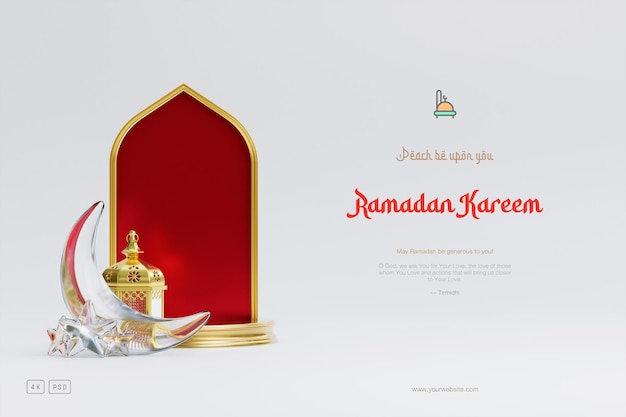 Free PSD islamic ramadan greeting background with 3d podium mosque and islamic crescent ornaments