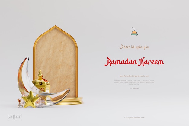 Islamic Ramadan greeting background with 3D Podium Mosque and Islamic Crescent ornaments