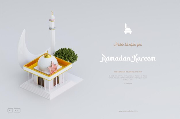 Free PSD islamic ramadan greeting background with cute 3d mosque and islamic crescent ornaments