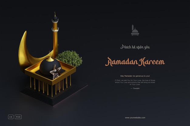 Islamic Ramadan greeting background with Cute 3D Mosque and Islamic Crescent ornaments