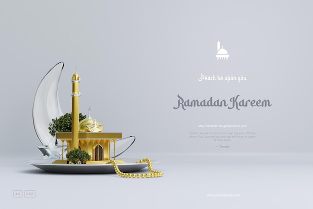 Free PSD islamic ramadan greeting background with cute 3d mosque and islamic crescent ornaments