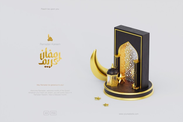 Free PSD islamic ramadan kareem greeting background with 3d gold mosque lantern podium and crescent ornaments