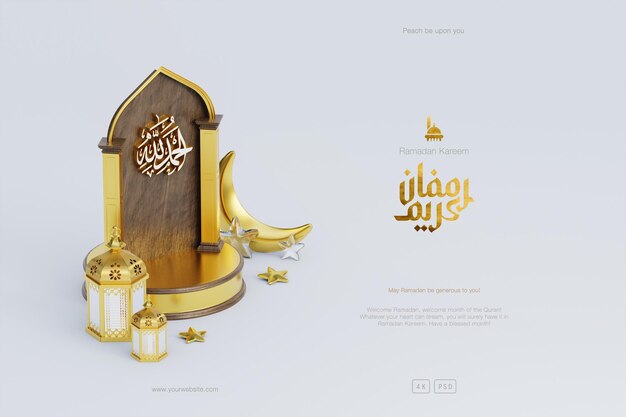 Islamic Ramadan Kareem greeting background with 3d gold mosque Lantern podium and crescent ornaments