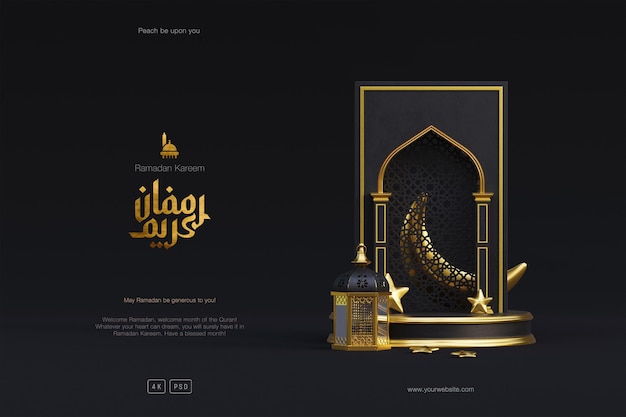 Islamic Ramadan Kareem greeting background with 3d gold mosque Lantern podium and crescent ornaments