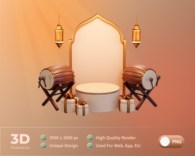 Free PSD islamic ramadan podium with bedug, drum 3d illustration