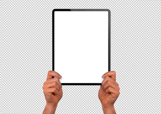 Isolated hands holding a vertical tablet pro