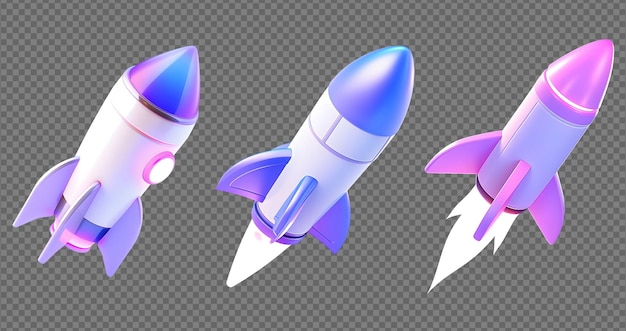 Free PSD isolated purple frosted glass 3d render rocket icons