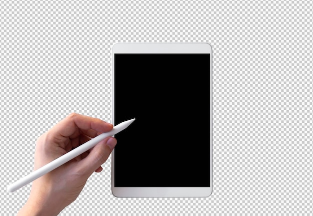 Free PSD isolated white tablet with hand and pen