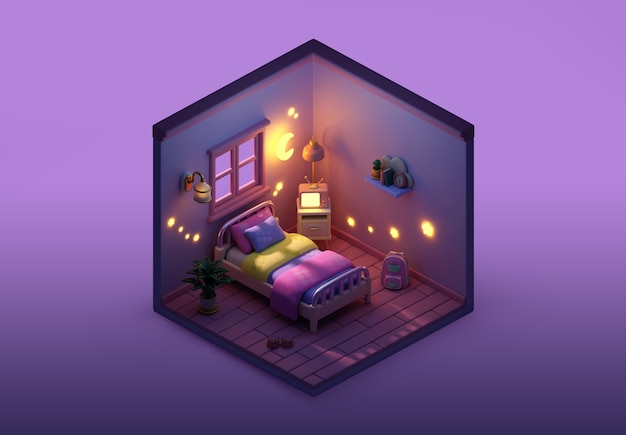 Free PSD isometric bedroom illustration