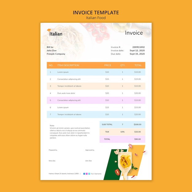 Italian food invoice template design