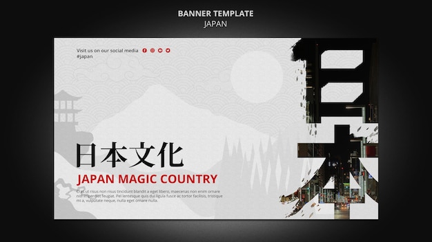 Free PSD japan travel destination horizontal banner template with japanese symbols