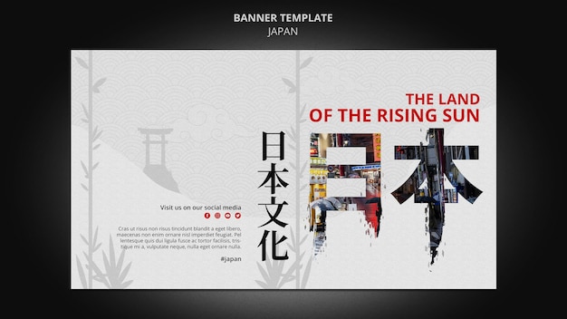 Free PSD japan travel destination horizontal banner template with japanese symbols