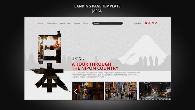 Free PSD japan travel destination landing page template with japanese symbols