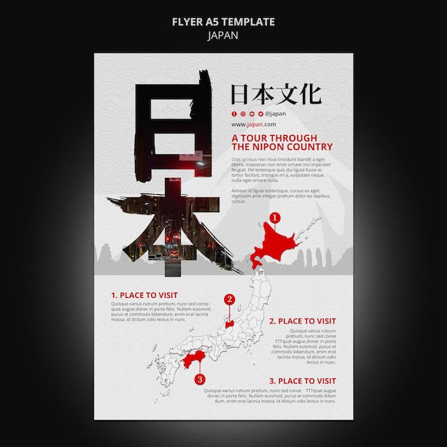 Free PSD japan travel destination vertical flyer template with japanese symbols