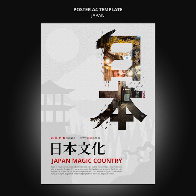 Free PSD japan travel destination vertical poster template with japanese symbols