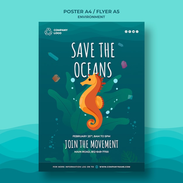 Keep the ocean clean poster template with seahorse