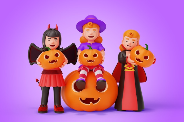 Kids in halloween 3d illustration