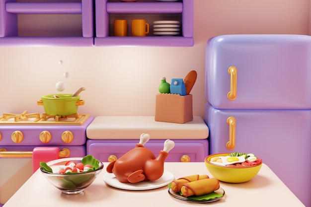 Free PSD kitchen and food 3d illustration