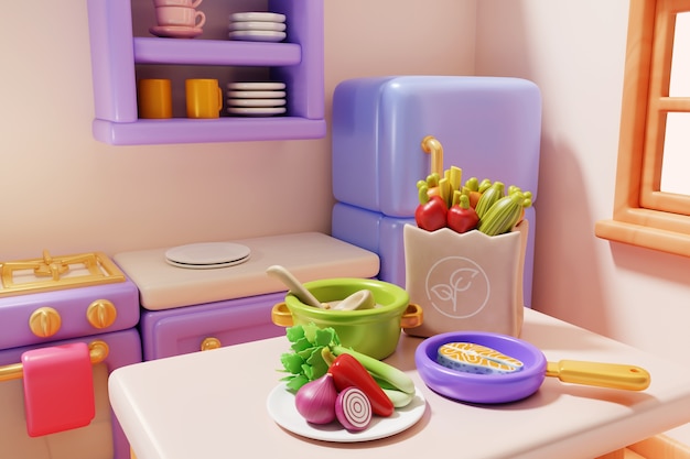 Free PSD kitchen and food 3d illustration