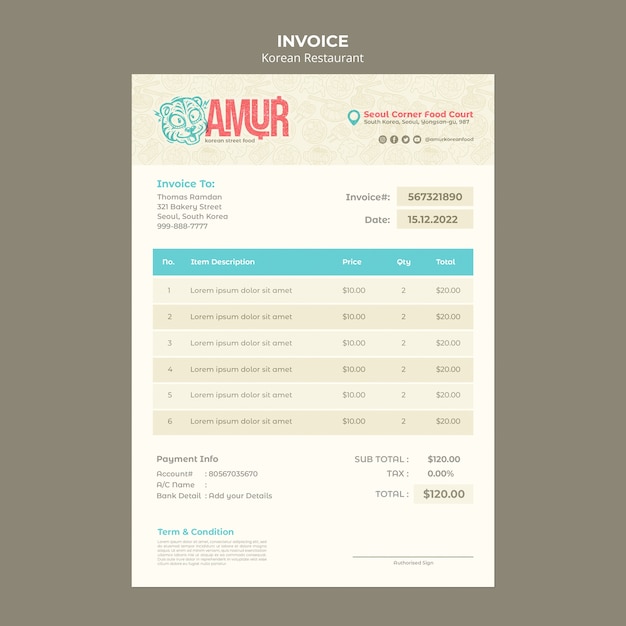 Korean restaurant invoice template