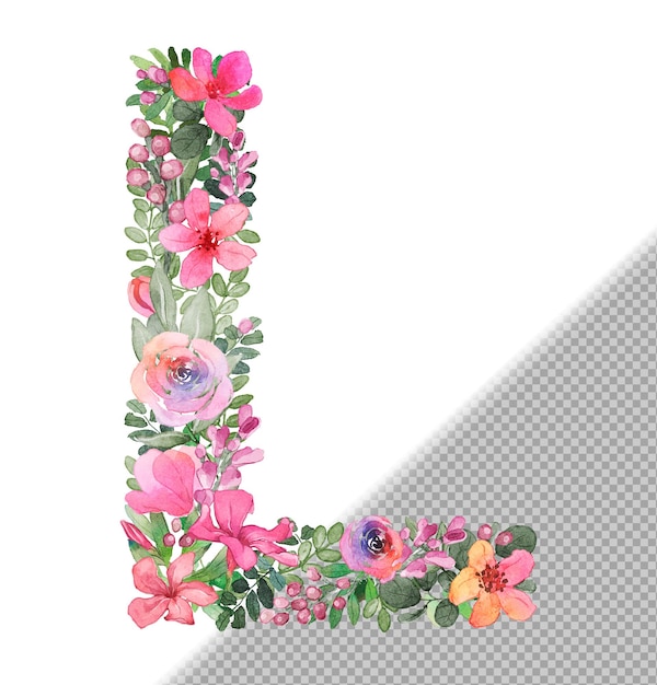 Free PSD l letter in uppercase made of soft handdrawn flowers and leaves