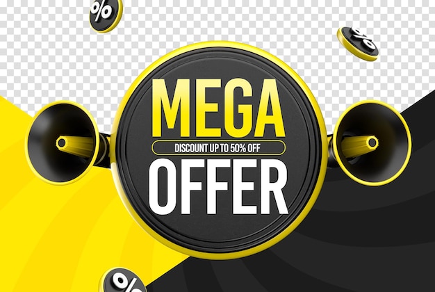 Free PSD label mega offer up to 50 percent off in 3d render