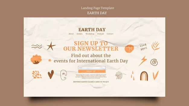 Landing page for earth day with wrinkled paper texture and hand drawn elements