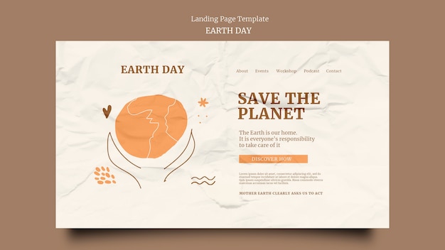 Free PSD landing page for earth day with wrinkled paper texture and hand drawn elements