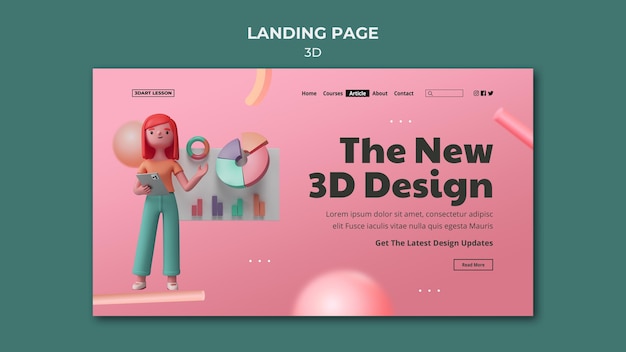 Free PSD landing page template for 3d design with woman