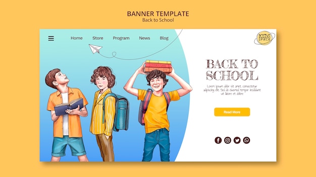 Free PSD landing page template for back to school with hand drawn elements