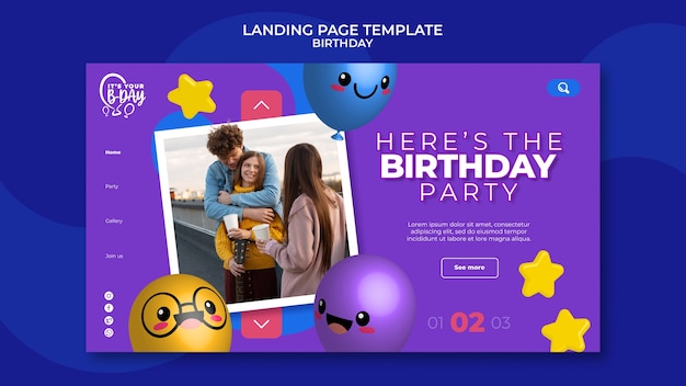 Landing page template for birthday party with funny balloons