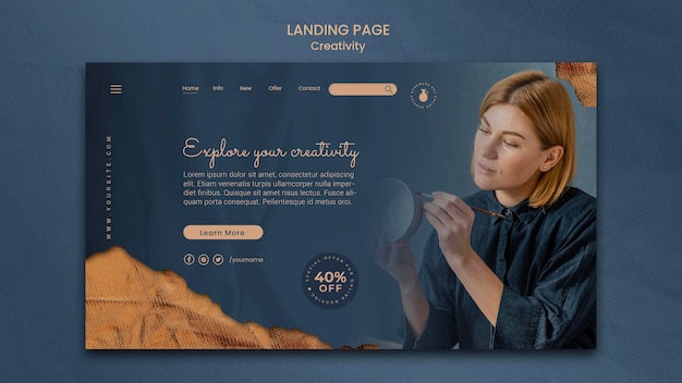 Free PSD landing page template for creative pottery workshop with woman