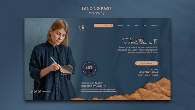 Free PSD landing page template for creative pottery workshop with woman