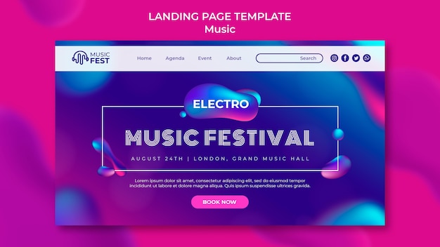 Landing page template for electro music festival with neon liquid effect shapes