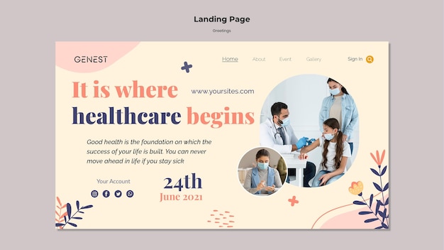 Landing page template for healthcare with people wearing medical mask