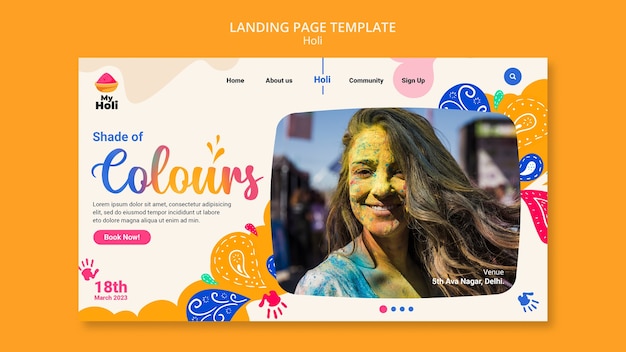 Free PSD landing page template for holi festival celebration