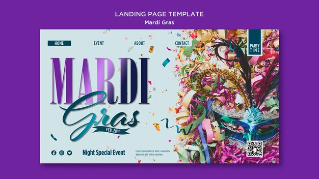 Landing page template for mardi gras with carnival mask