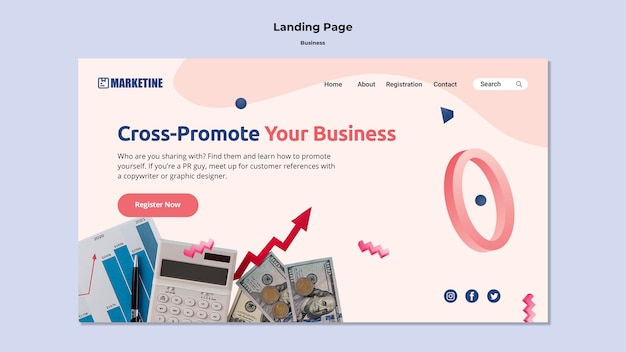 Free PSD landing page template for marketing business with geometric shapes